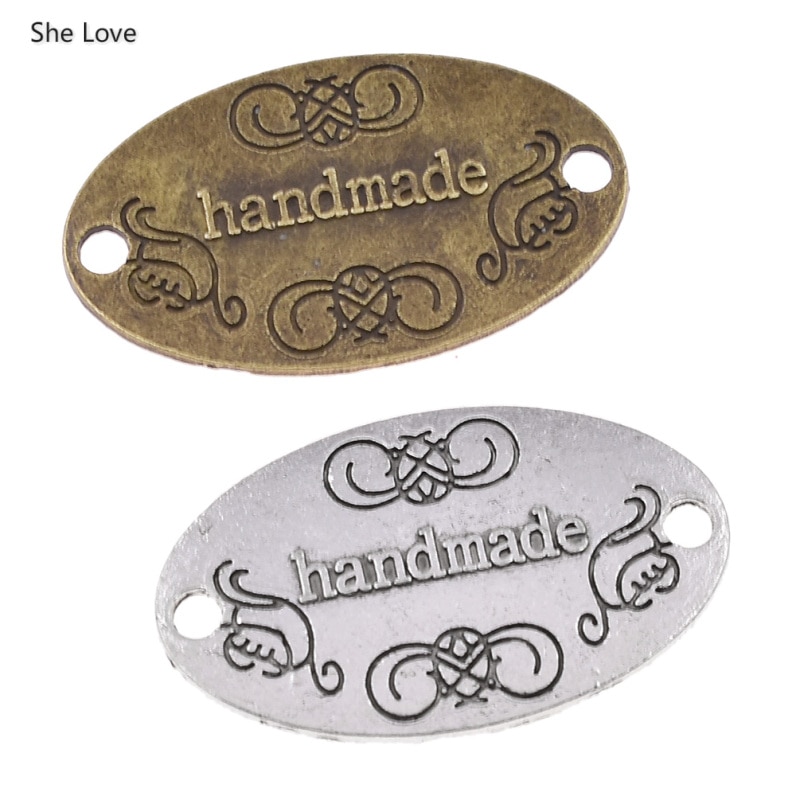 Chzimade 50 Stks/partij Metaallegering Ovale Hand Made Labels Gedrukt Bloem Brief Handgemaakte Tag Voor Kleding Diy Accessoires