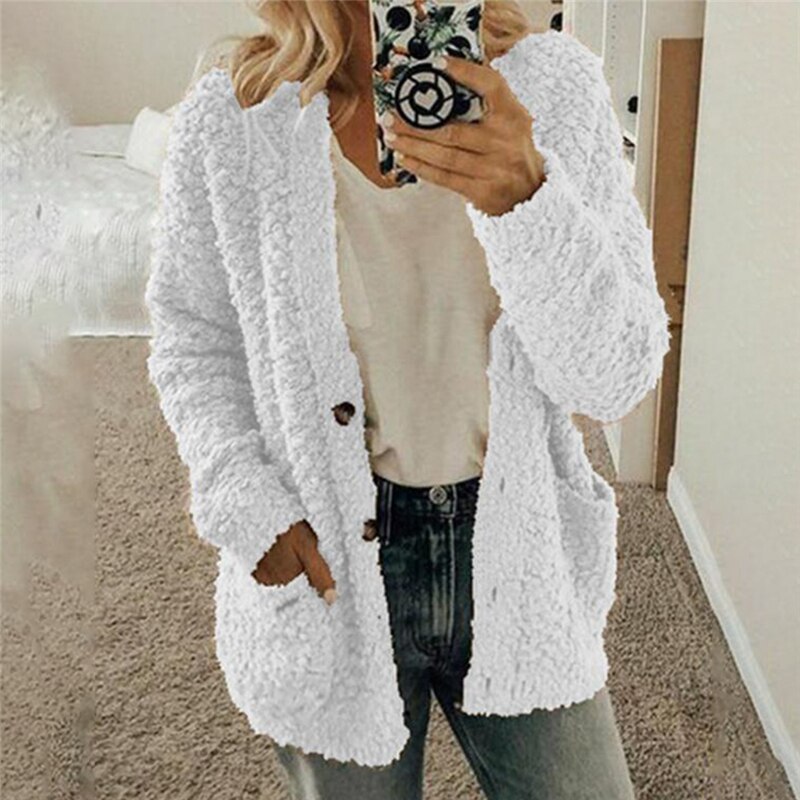S-2XL grande taille automne hiver cardigans pour femmes décontracté poche épais ample en peluche polaire hauts femme: S / White