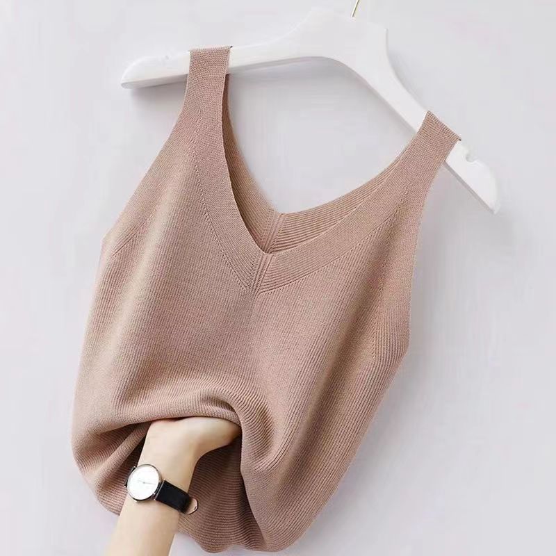 Plus Gebreide Tank Top V-Hals Ijs Zijde Mouwloze 2024 Zomer Kleding Vesten Voor Vrouwen Koreaanse Mode Losse Elegante Casual Cami Top: Khaki