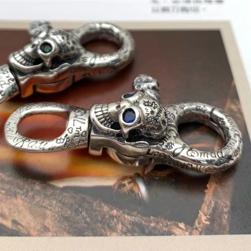 Porte-clés en argent Sterling S925 avec pendentif en forme de crâne foncé pour homme, accessoire à la , avec motif Rock Graffiti