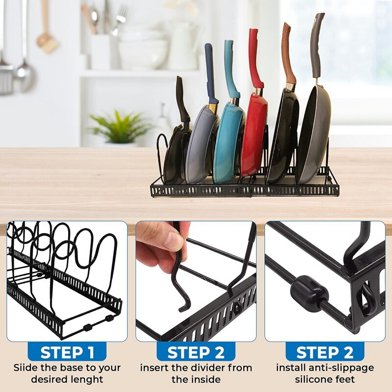 Expandable Pan Rack Organizer,Kitchen Cookware Pantry Cabinet Storage Rack with 7 Expandable and Adjustable Compartments