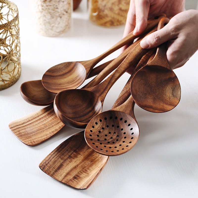 Kookgerei Houten Keukengerei Set,Houten Lepels voor Koken Natuurlijk Teak Hout Keuken Spatel Set Voor Inclusief 7 Pack Keuken Gereedschap