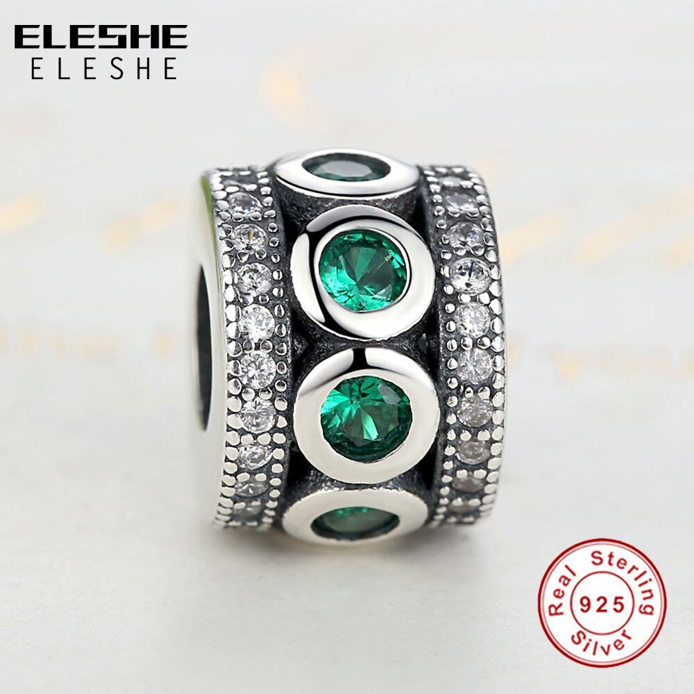 ELESHE Authentische 925 Sterling Silber blendend Zirkonia Grün Stein Runde Reize passen Ursprüngliche Armbinde Korn Schmuck DIY Herstellung