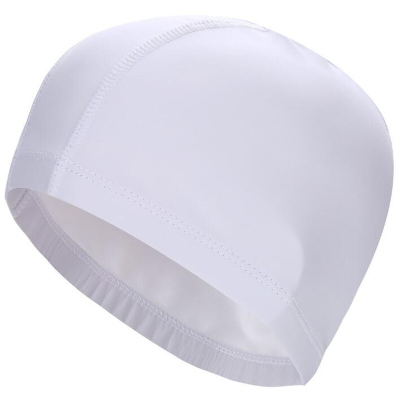 Boné de natação de tecido PU para homens e mulheres, chapéu de piscina impermeável, esporte aquático, protetor de orelhas, tampas de banho para cabelos longos adultos: Branco