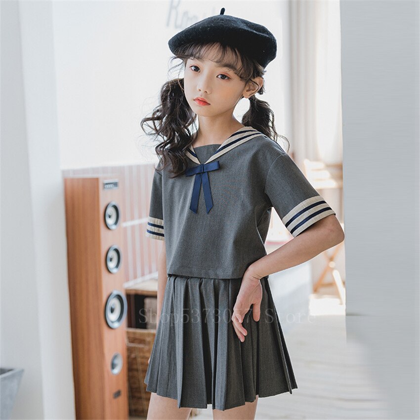 Børne skoleuniform sømandssæt baby kawaii piger grå stribet krave japansk kortærmet skjorte plisseret nederdel chorus jk sæt 160cm