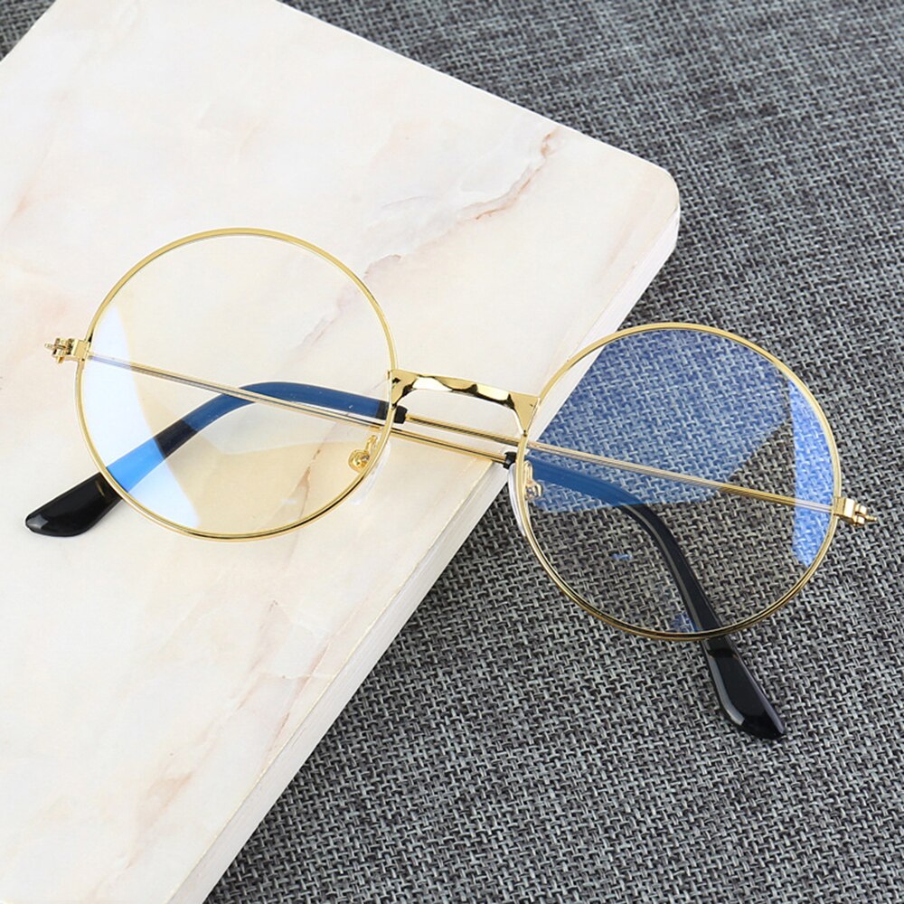 Vintage runde metalramme blåt lys blokerende personlighed klar linse briller øjenbeskyttelse anti blue ray mobiltelefon spil: Guld