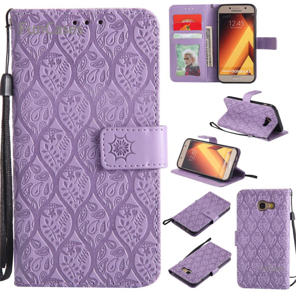 Funda con tapa en relieve de vid para Ajax Samsung A5 funda de teléfono de cuero de poliuretano Vintage funda de diamantes de imitación para Samsung Galaxy A520 Tok: Purple