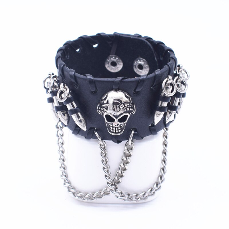 Punk Kwastje Ketting Bullet met Schedel Bedelarmband Homme Zwart & Bruin Gevlochten Touw Lederen Armband Mannen Sieraden