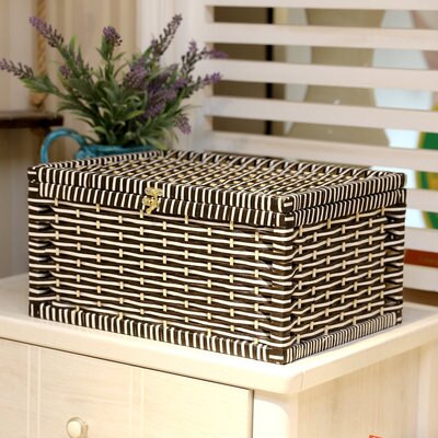 Rustieke Geweven Mand Papier Opbergdoos Met Deksel Handgemaakte Home Organisatie En Opslag Gebreide Desktop Rieten Manden: black white / 30x20x13cm