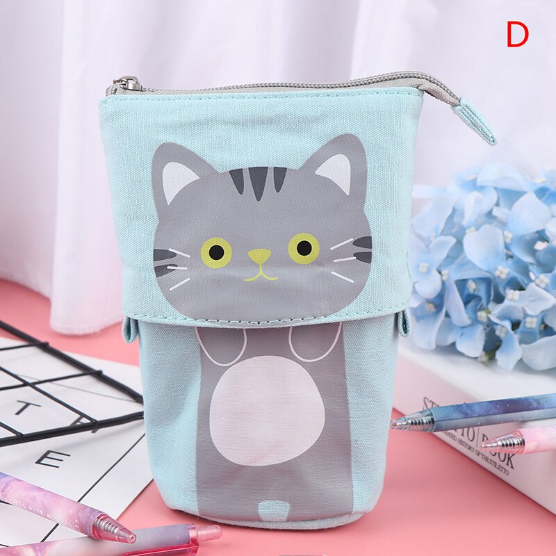 Portalápices retráctiles multifunción para niñas y niños, estuche de lápices Kawaii de lona con de animales de gato, material de papelería coreana: D