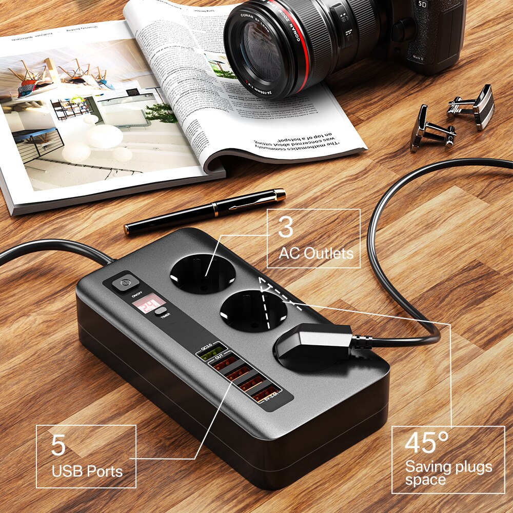 Multiprise USB QC3.0 avec 3 prises EU, Station de Charge rapide pour ordinateur portable, iPhone, Samsung