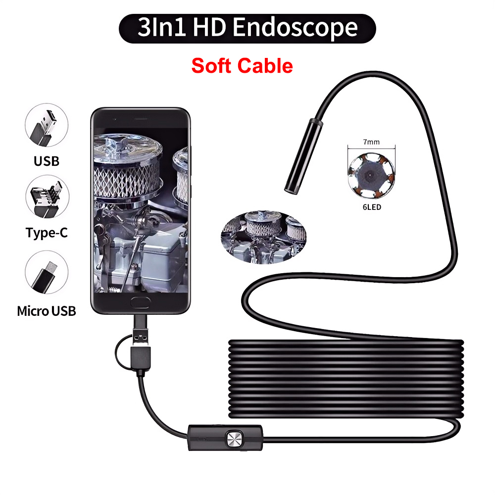 Practical 7MM Android Endoscope 3 in 1 USB/Micro USB/Type-C Borescope Inspection Camera IP67 Waterproof for Smartphone Computers: WHITE / 1.5m