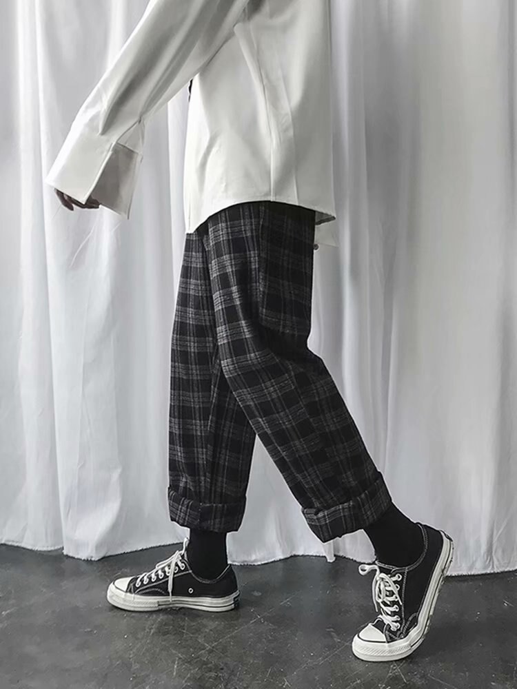 Casual bukser herre plaid løse bukser med brede ben herre simple chic koreansk stil all-match ins trendy streetwear harajuku sa -8