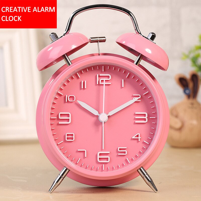 Reloj despertador de doble campana de 4 pulgadas para niños, cronógrafo de Metal con personalidad, , luminoso, para sentarse, decoración del hogar: Pink
