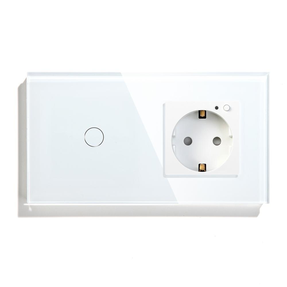 BSEED EU Standard Smart Socket Wifi Touch Switches Crystal Glass Panel Tuya Smart Switch 1/2/3Gang 1/2/3Way Alexa APP Control: White 1Gang