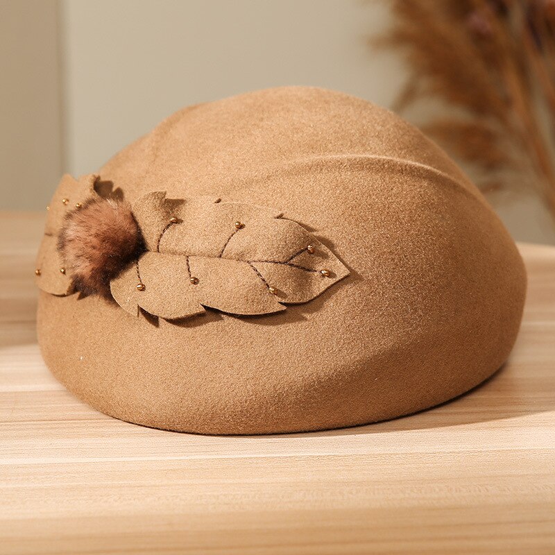 Sombreros tiroleses de mujer elegantes y femeninos, sombreros de fieltro a la de invierno para mujer, gorros de fieltro con flores, gorra tipo pastillero, sombreros de lana 100% Australia: Camel