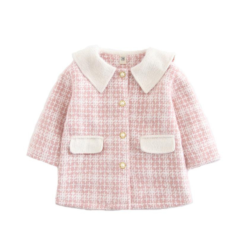 Winter koreaanse kinderkleding babymeisjes omslagkraag enkelrijs geruite prinses wollen jas 2-8 jaar kinderjas