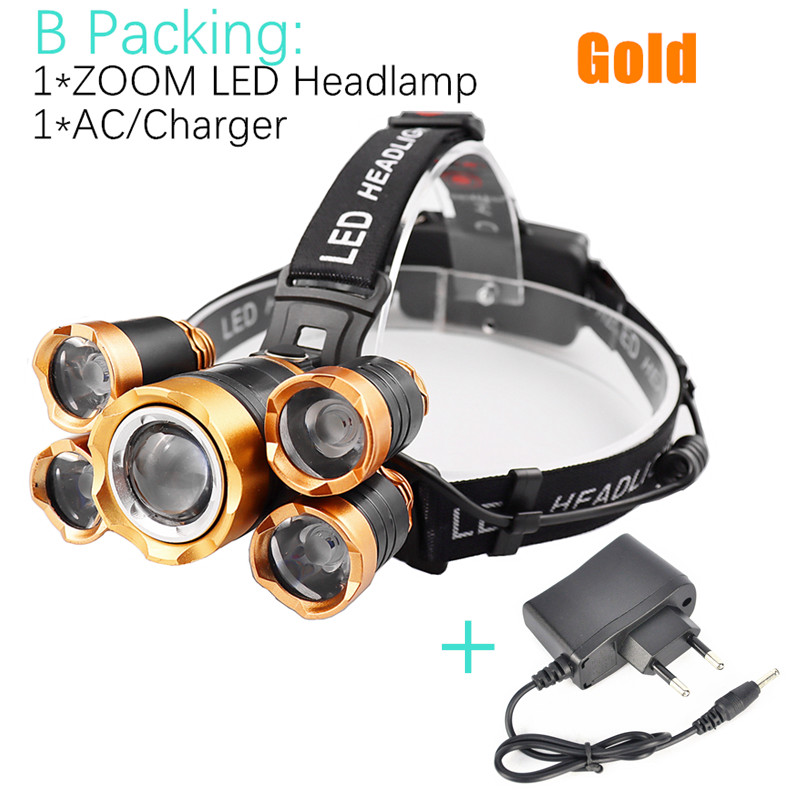 Most Powerful Induction ZOOM LED Headlight headlamp 5LED T6 Head Lamp Flashlight Torch head light Best For Camping, fishing: B Packing - Gold / Have 2x18650 Battery