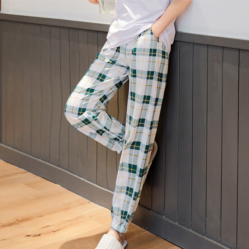 Ropa de dormir a cuadros para mujer, ropa de dormir informal, Simple, combina con todo, estilo japonés, joven, suave, diario, cintura elástica, básico, Vintage,