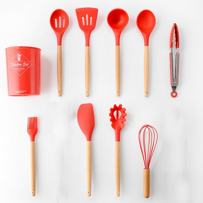 Ensemble d'ustensiles de cuisine en Silicone 11 pièces, poignée en bois massif rose avec boîte de rangement, accessoires d'outils de cuisine Kit de cuisine: Red 9pcs B
