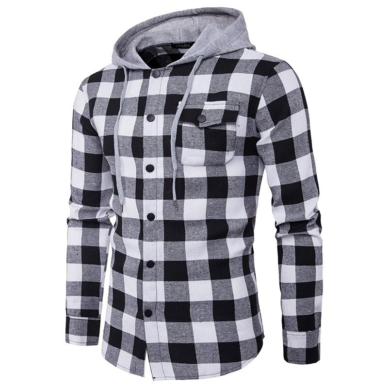Camisas casuales a cuadros para hombre, camisas ajustadas de manga larga con capucha, estilos de algodón ajustados, ropa de marca para hombre, tops a cuadros cálidos de otoño de talla grande.: Negro / Xxl
