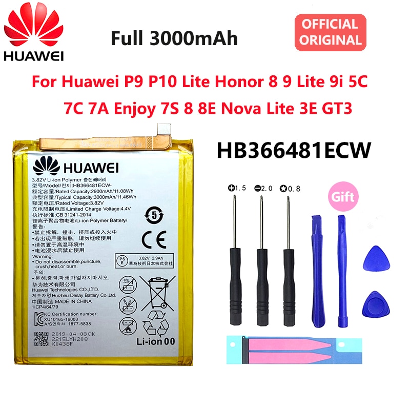 100% Orginal Full 3000mAh Phone Battery HB366481ECW For Huawei P9 honor 8 honor 8 lite honor 5C Ascend Huawei P10 P9 Lite G9