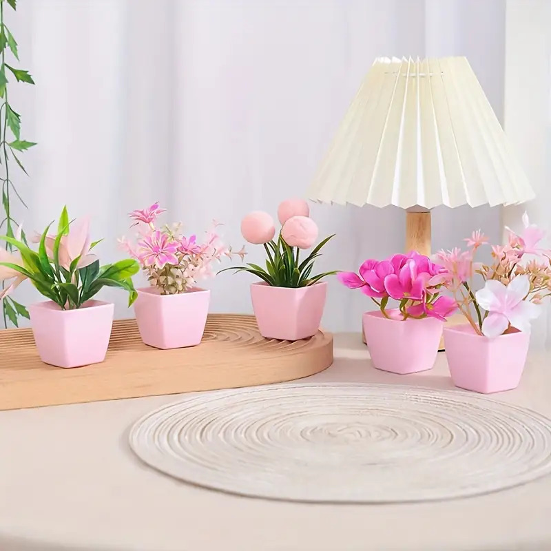 5 plantas suculentas artificiais em vaso rosa - estilo bonsai em miniatura, folhas brancas e verdes, perfeitas para decoração de casa e escritório, Nordi
