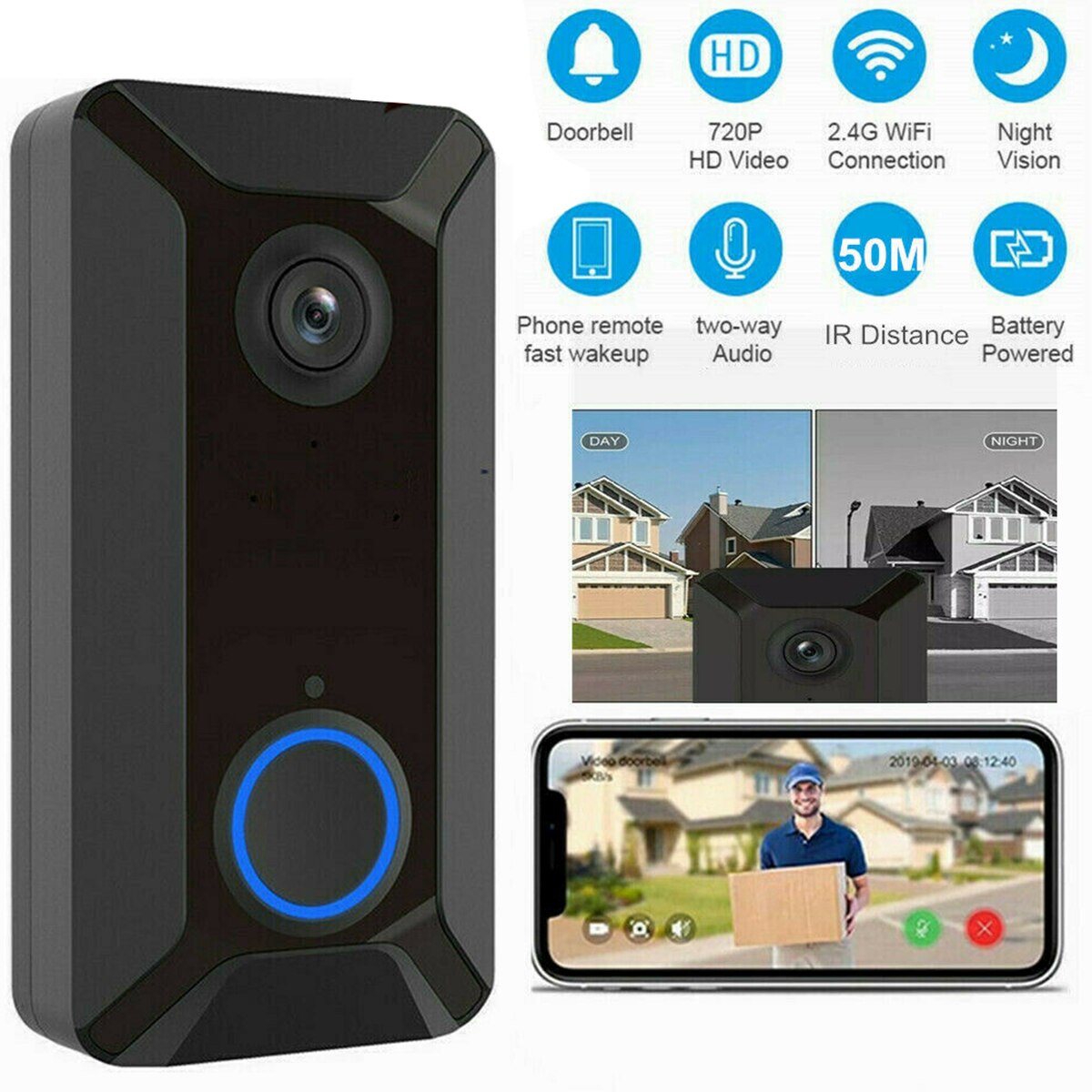 Sonnette d'interphone vidéo intelligente sans fil | Sonnette sans fil, Wi-Fi 720P HD PIR, sonnette S Support WiFi 2.4G