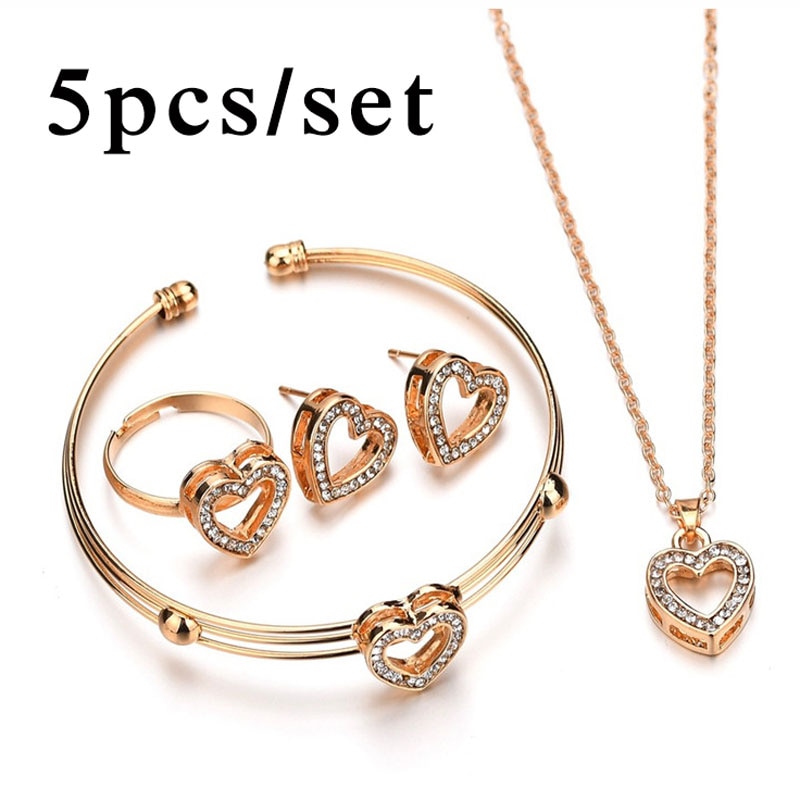 5 pz/lotto Del Cuore Dei Monili Set Anello Dell'orecchino Della Collana Del Braccialetto Set di Lusso Dei Monili Delle Donne In Acciaio Inox Gioielli per Le Donne Ragazze