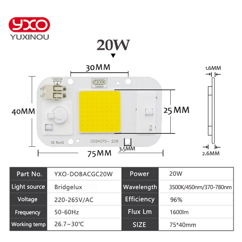 YXO YUXINOU DOB LED COB Chip 50W 40W 30W 20W 10W AC 220V No necesita controlador lámpara de bombilla IC inteligente para reflector LED DIY