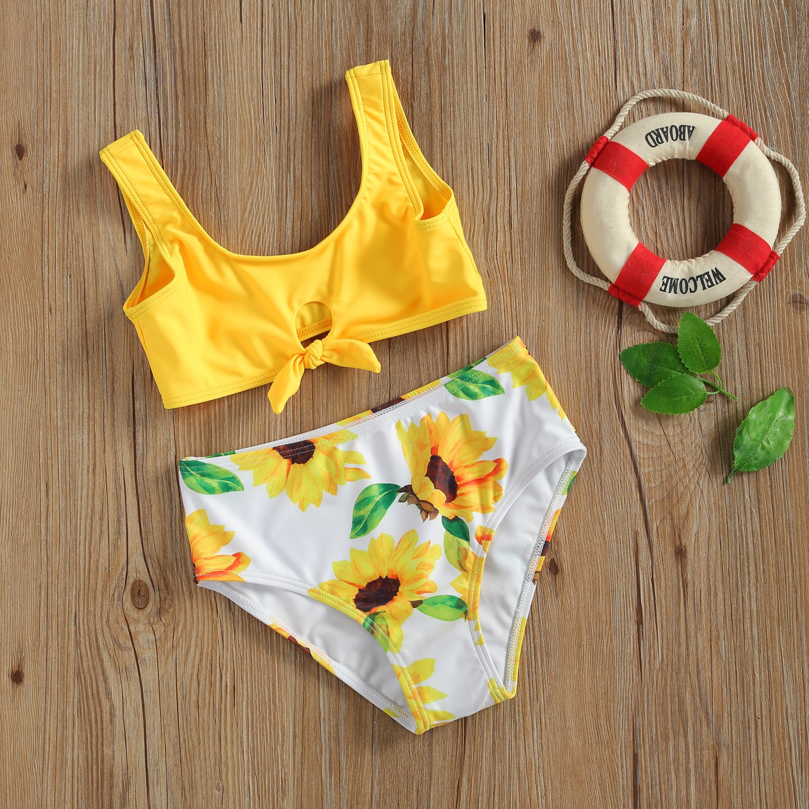 Summer Two-Piece Bikini Set Girls Bathing Suits Round Neck Tie Up Bikini Top + Sunflower Print Swimming Bottoms Swimsuits