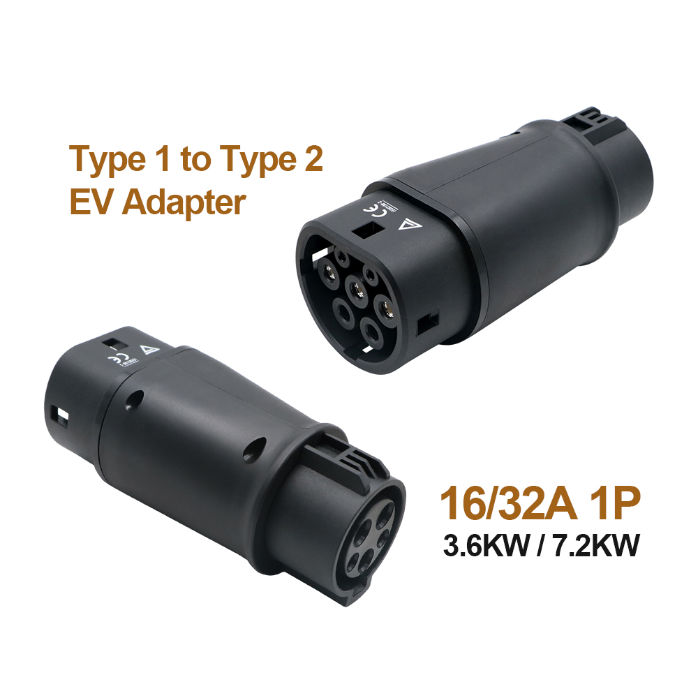 ERDAN 32A 1Phase 7,2 kW EV-Ladegerät-Adapter J1772 auf IEC62196 Adapter Typ2 auf Typ1 Elektrofahrzeug-Ladeanschluss: Black