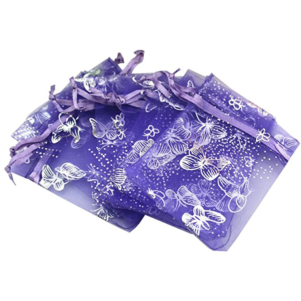 100 PCS 10 Colors Jewelry Butterfly Organza Bag 10x12cm Wedding Christmas Voile Organza Packing Drawstring Bag Pouch: Purple