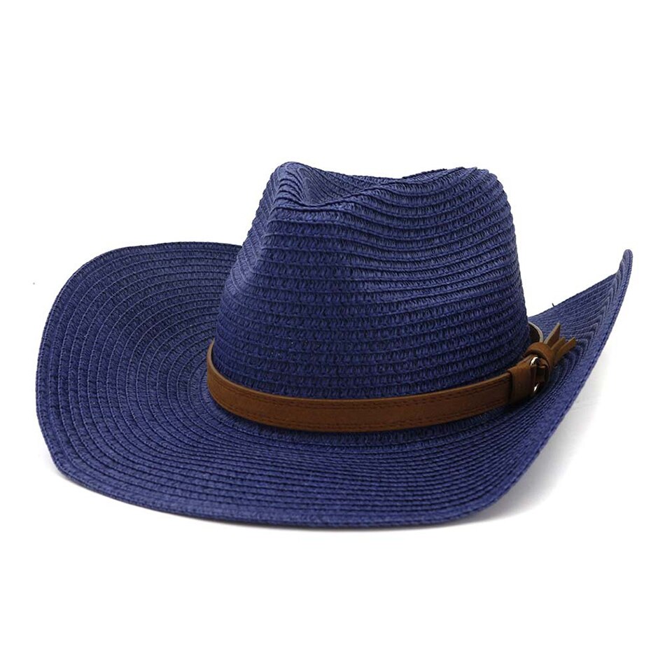 HOAREE, sombrero de vaquero de verano para hombre, sombrero de paja azul marino para el sol con cinturón, sombrero ancho Vintage para mujer, gorros de vaquera para decoración de playa, sombreros UV: Navy Blue