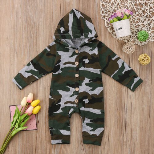 Newborn Baby Boys Girls Romper Hooded Long Sleeve Camo Casual Jumpsuit Playsuit Cool Outfits Clothes Autumn Winter