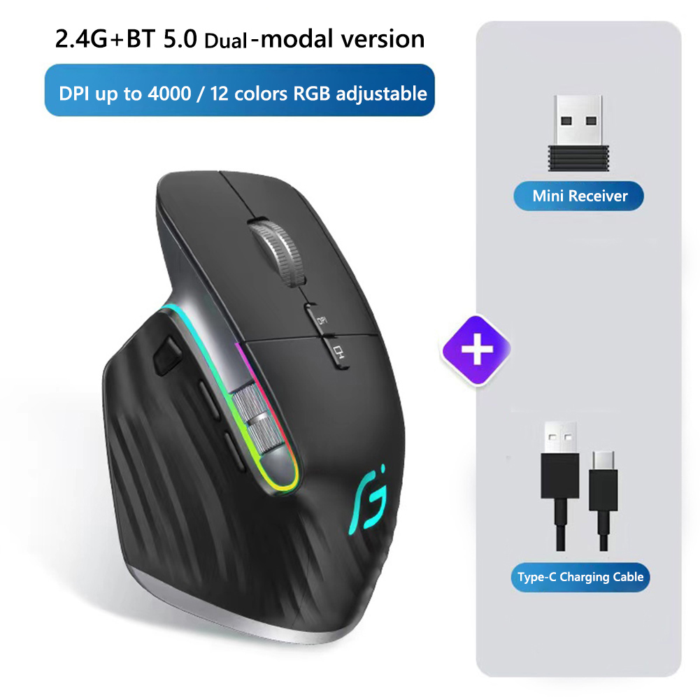 Gaming Mouse Rechargeable Bluetooth-Compatible 5.0+2.4G Optical Gamer Mice 12 Colors RGB 1000-4000DPI for Computer Gaming Office