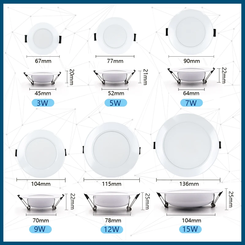 Foco LED empotrable para techo, lámpara redonda para sala de estar, cocina y baño, CA 220V, 3W, 5W, 7W, 9W, 12W, 15W