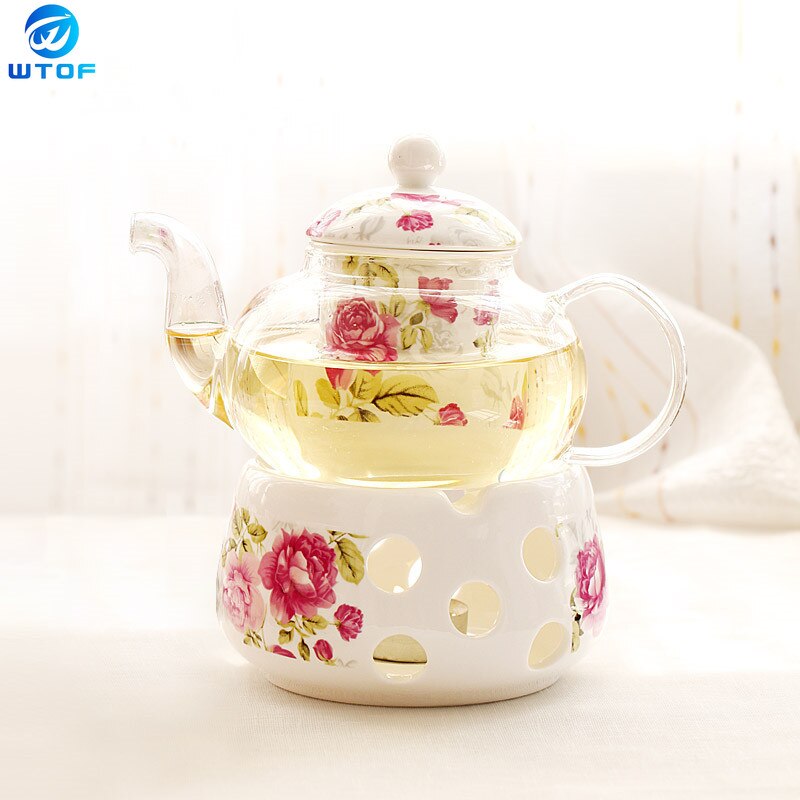 Théière en céramique avec crépine Vintage porcelaine britannique théière et ensemble de tasses bougie chauffage verre tasses à café décoration de la maison: C