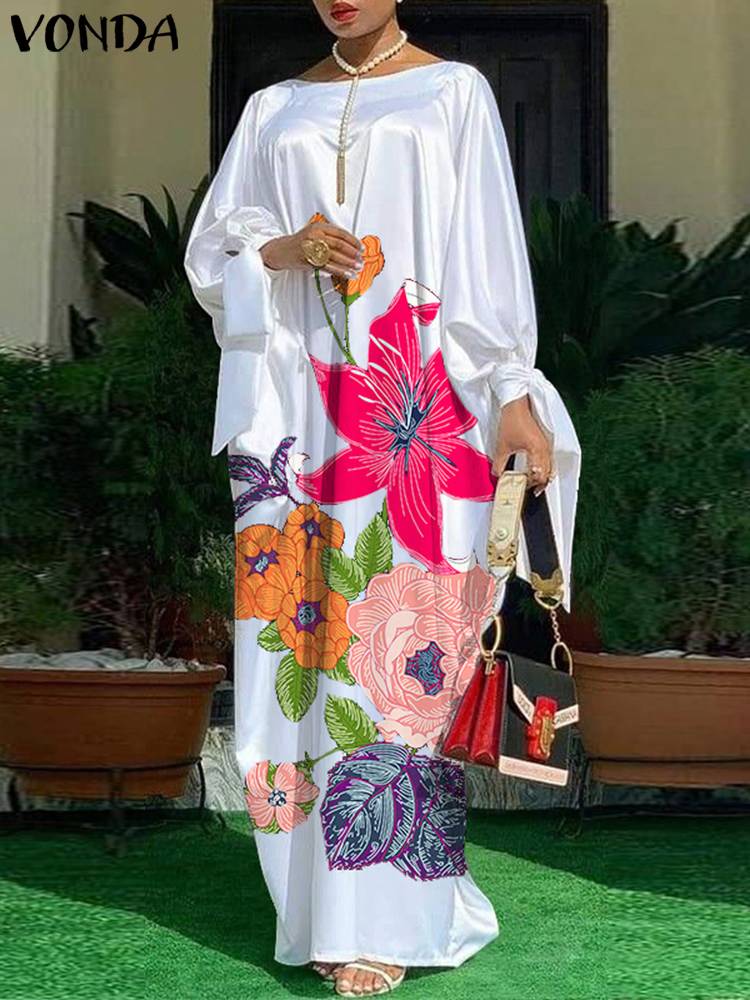VONDA Bohemian Maxi Sundress Women Floral Printed Satin Silk Dress Autumn Casual Loose Long Sleeve Party Robe Femme: XXXL / WHITE