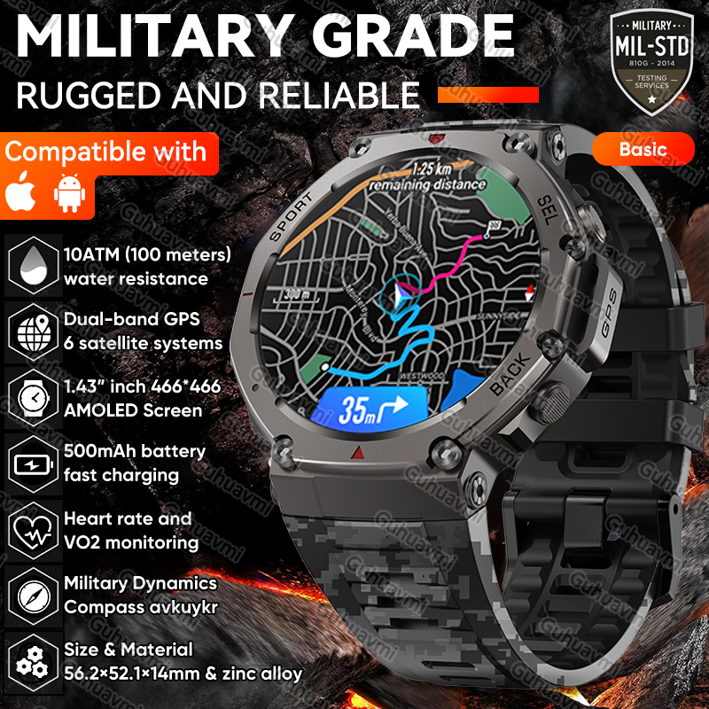 T-Rex 3 Wbudowany Dwuzakresowy GPS Wojskowy Smartwatch Męnarty Kompas Altimetr Barometryczny 10ATM i IP69K Wodoodporny 170+ Sportowy Smartwatch: zielony