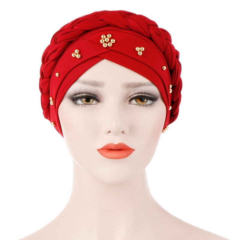 Kvinnor muslimska turban keps enfärgad bandanas pärlstav fläta pärlor dekor hatt