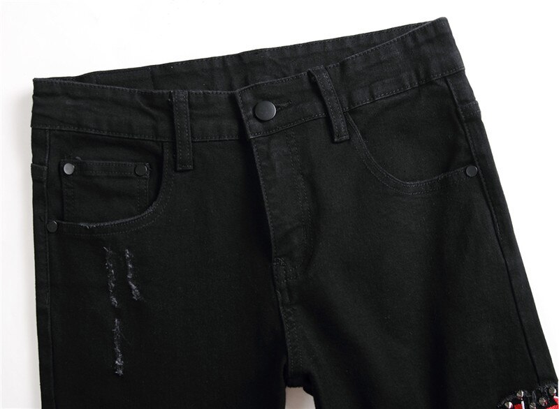 Jean punk rock brodé pour homme, pantalon noir slim décontracté en coton extensible, avec rivets décoratifs