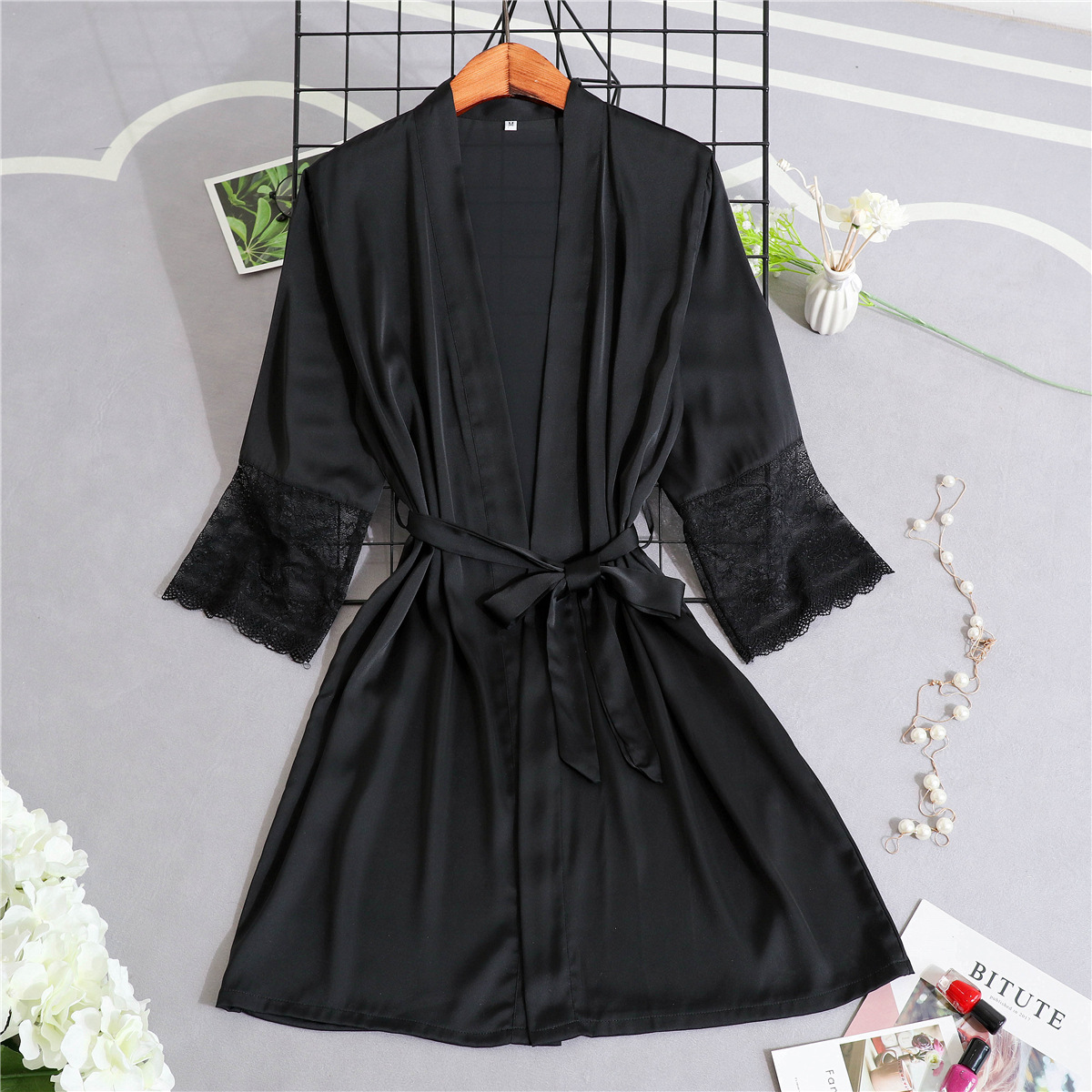 Bata suave para mujer, camisón negro, ropa de dormir, camisón de retazos de encaje, bata de dormir clásica Sexy Negligee, bata de casa