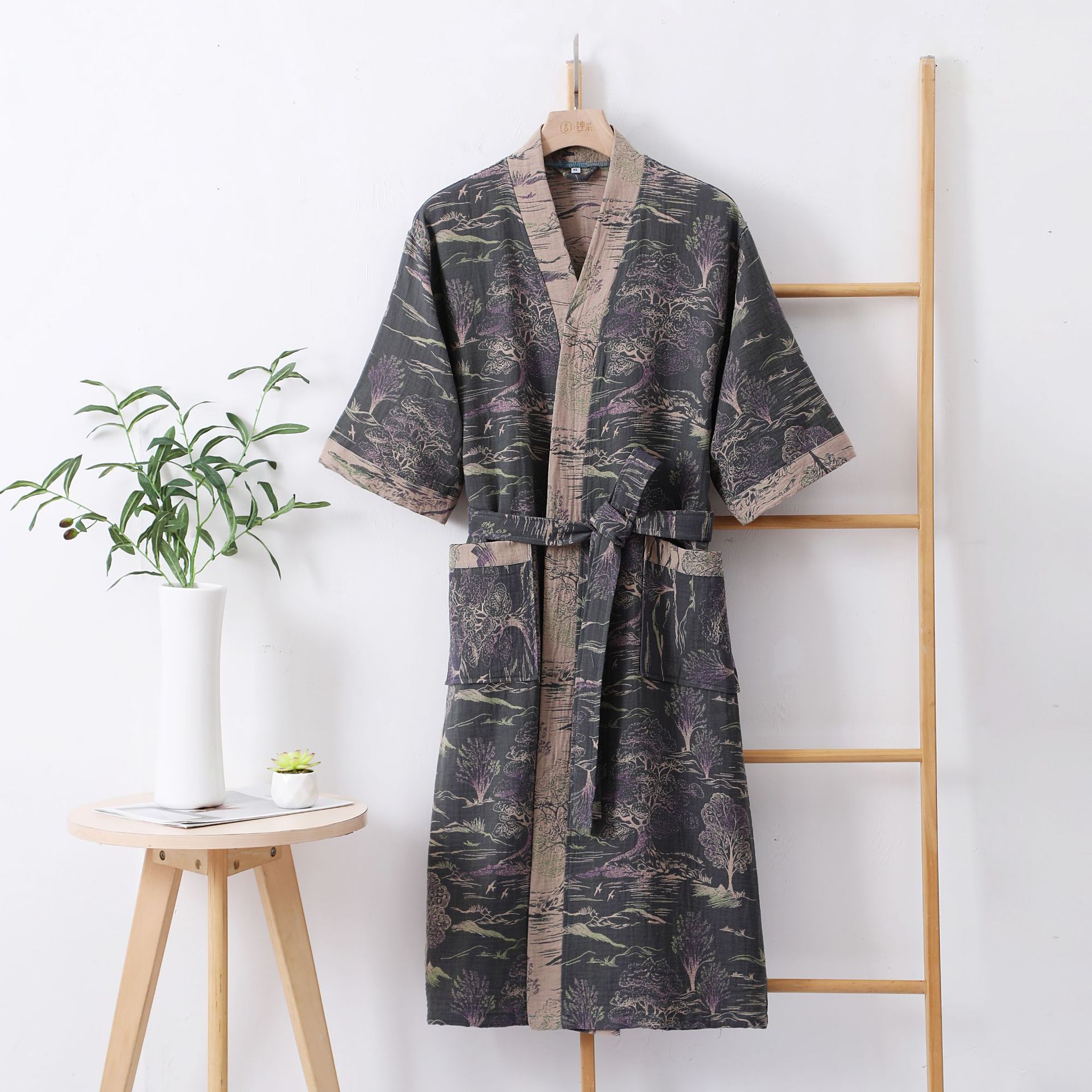 Albornoz de gasa de doble capa de algodón puro para primavera/verano, tela fina teñida, ropa de hogar para parejas, bata tipo kimono de estilo japonés, pijama