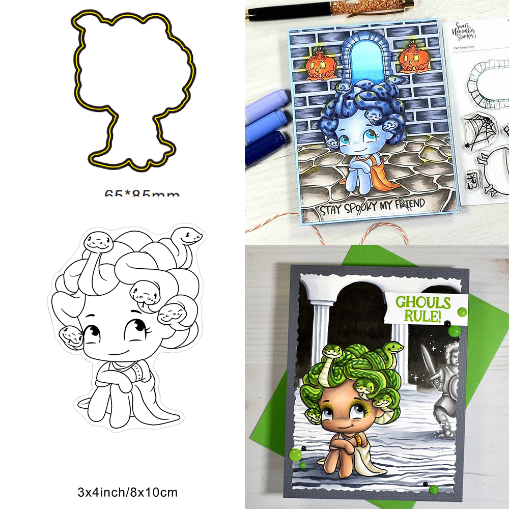 Söt häxräv glad halloween metallskärverktyg genomskinlig stämpel gör-det-själv scrapbooking silikonstämplar för kort album hantverk: M / Djupblå