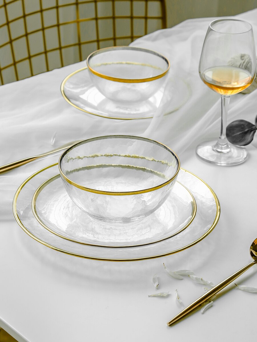 Guldkant glas middagstallerken gennemsigtig dessertskål westernfad salatbakke frugtplade servise sæt