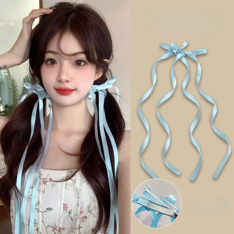 Pinzas para el cabello con lazos trenzados, cintas, coletas dobles, gorros ultra bonitos, horquillas largas dulces de estilo coreano a la , 2 uds.