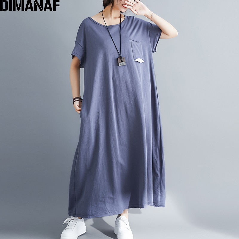 Dimanaf plus size vestido feminino tamanho grande algodão vestidos femininos roupas soltas casual senhora maxi vestido longo básico sólido verão 2021