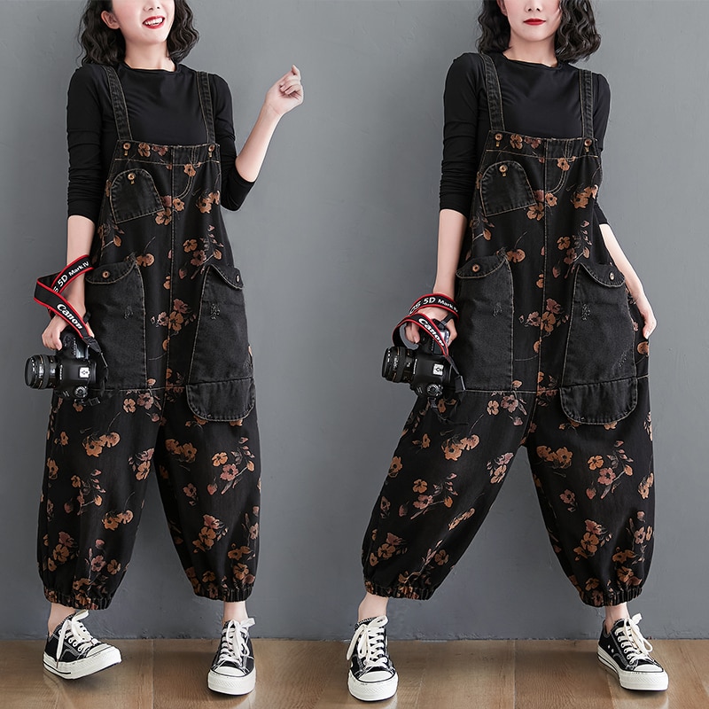 Losse Jeans Zwarte Jumpsuit Vrouwen Casual Oversized Baggy Dames Broek Grote Zakken Print Bloemen Denim Overalls Bandjes Jean Rompertjes