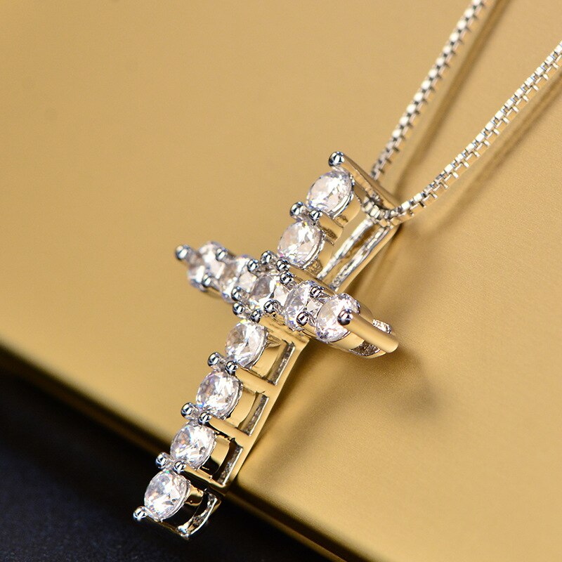 KNOCK 5A Zirconia Cross Pendant Necklace Bride Wedding Necklace For Women Classic Silver Color Zircon Stone Jewelry